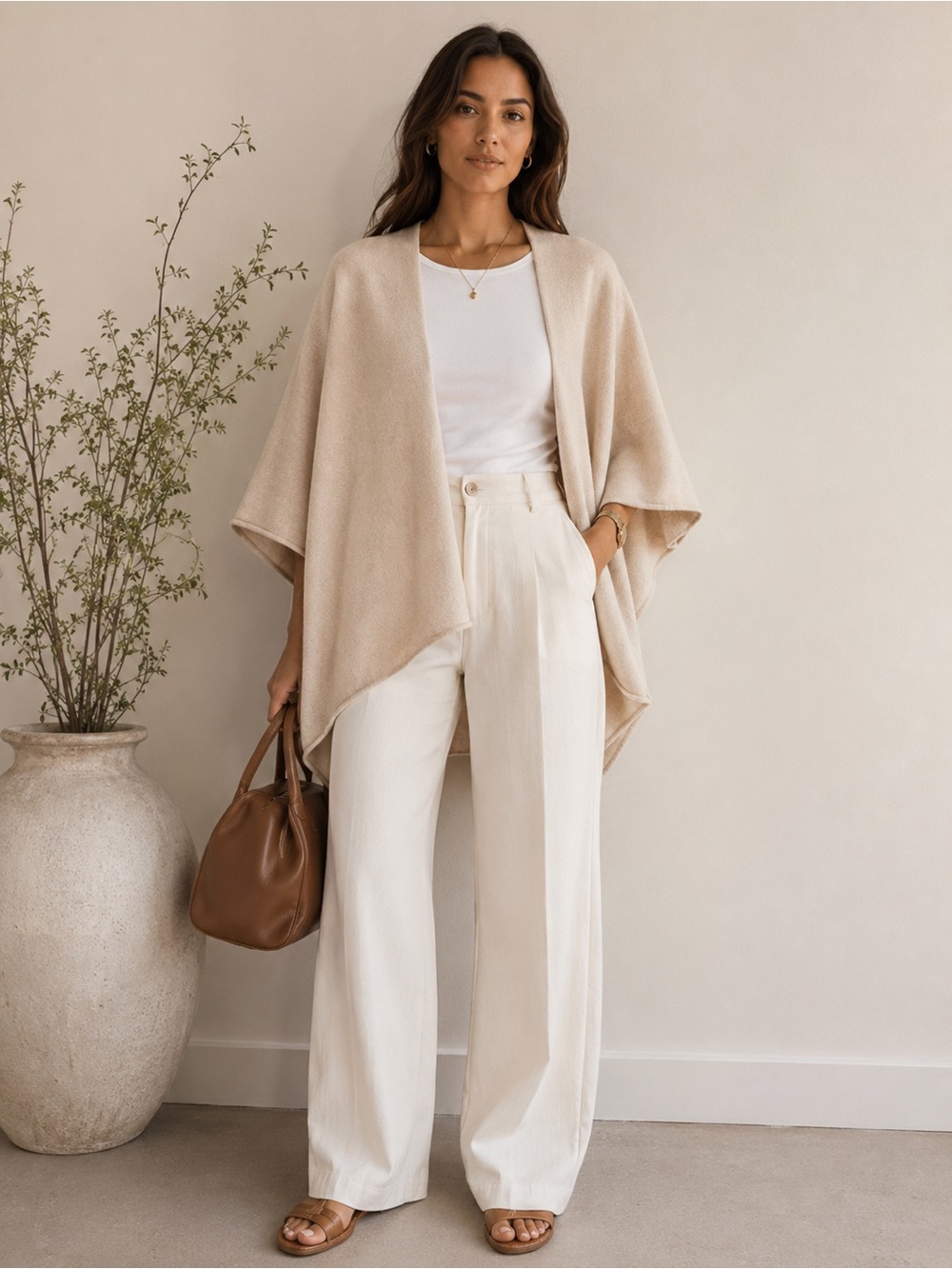Babaton Beige Knit Wrap Poncho